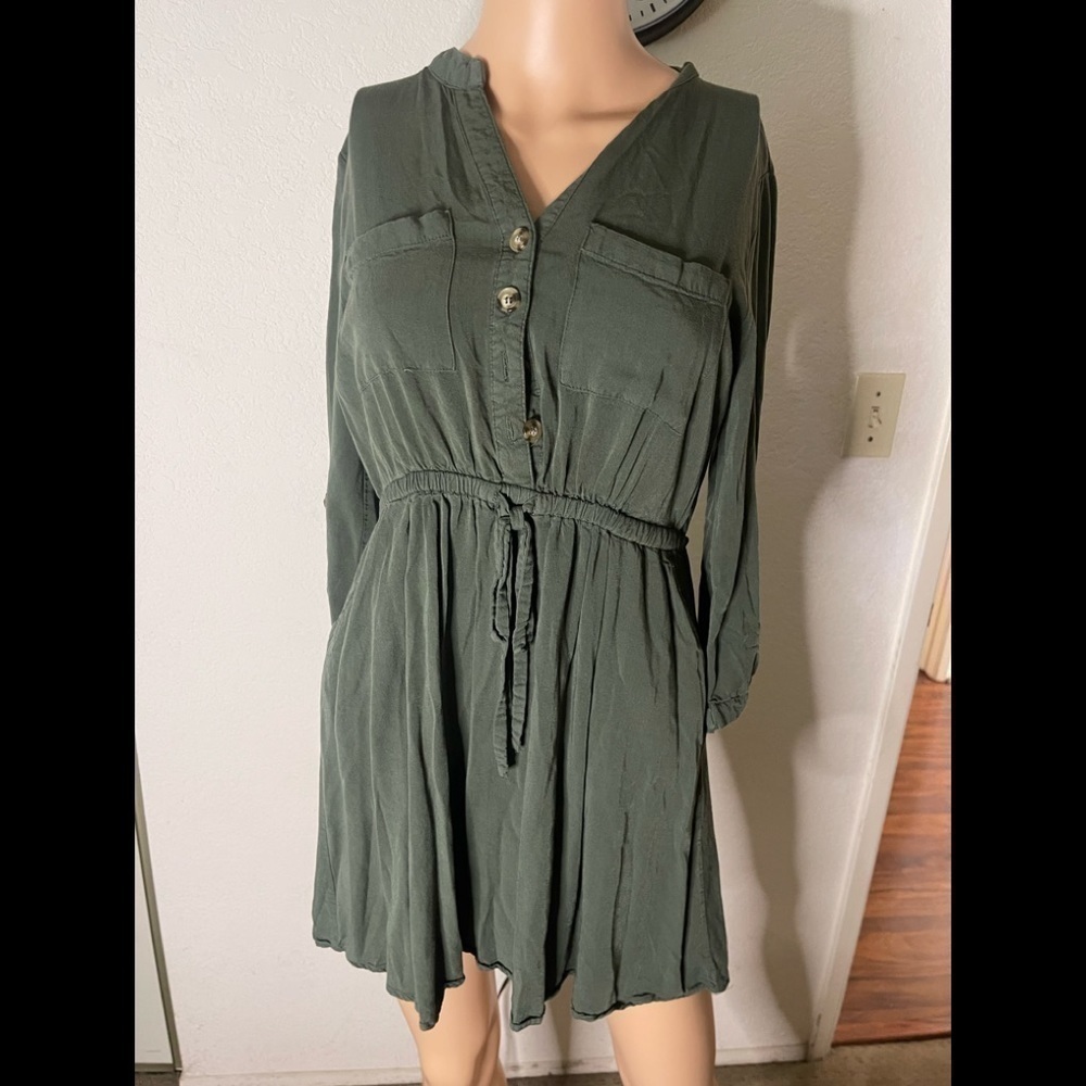 💚 Lark & Grey Petite Tie Waist Dress Small Long Sleeve Casual - Picture 3 of 4